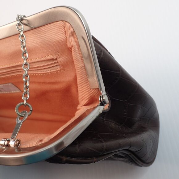 ANN TAYLOR LOFT Croc Embossed Dark Brown Leather Kiss-Lock Purse Bag Clutch - Picture 7 of 15